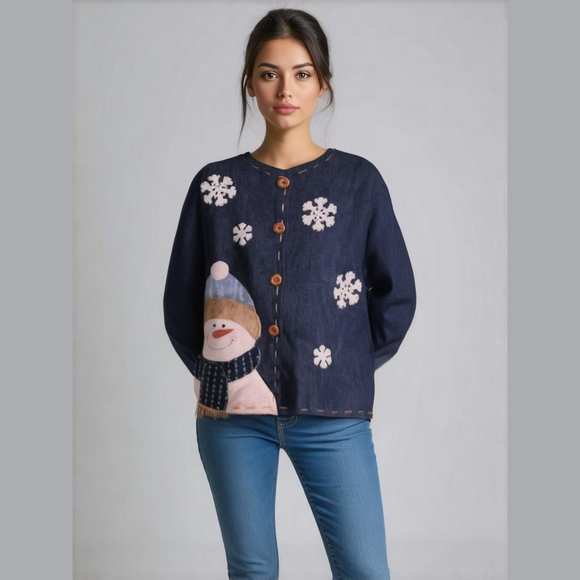 Vintage Holiday Shacket • Snowman Jacket • Denim Cardigan • Snowman • Snowflakes - Picture 1 of 13